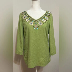 Sangria green floral embroidered beaded embellished linen top, 3/4 sleeve  Sz 10
